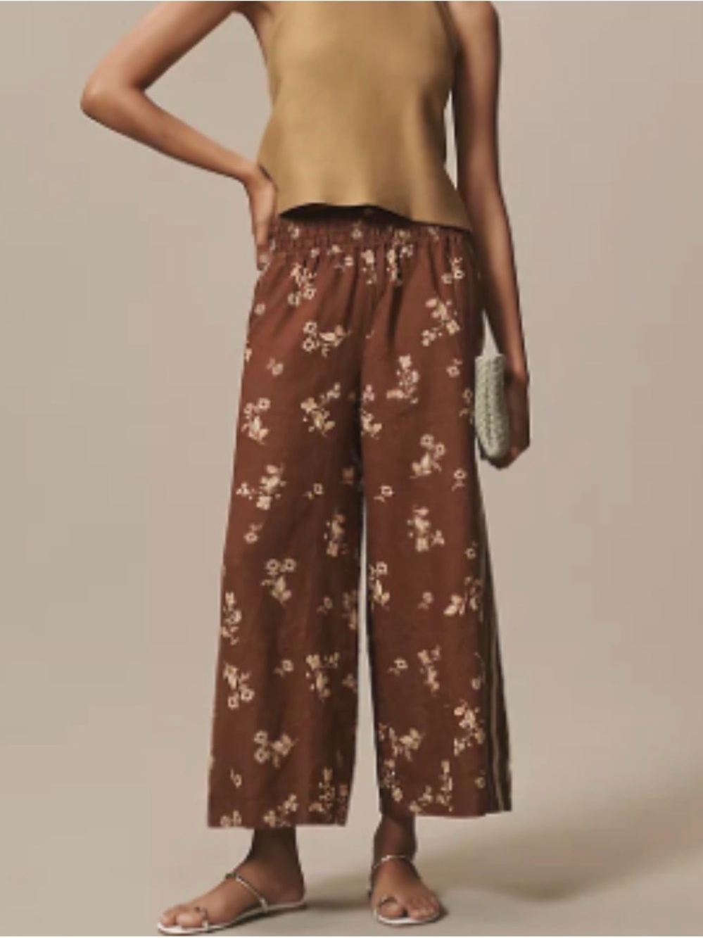 Anthropologie Wide-Leg Floral Pull-On Pants in Brown L